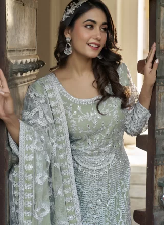 Green Net Designer Gown with Embroidered, Mirror and Stone Work