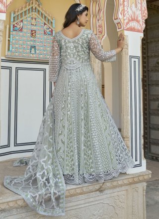 Green Net Designer Gown with Embroidered, Mirror and Stone Work