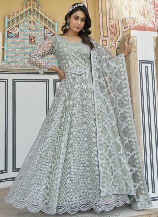 Green Net Designer Gown with Embroidered, Mirror and Stone Work