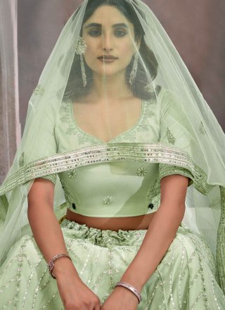Green Net Embroidered and Sequins Work A - Line Lehenga Choli