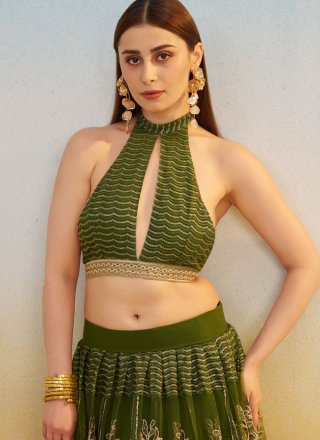 Green Net Embroidered, Sequins, Thread and Zari Work Lehenga Choli