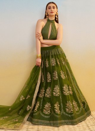 Green Net Embroidered, Sequins, Thread and Zari Work Lehenga Choli