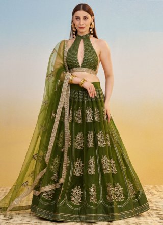 Green Net Embroidered, Sequins, Thread and Zari Work Lehenga Choli