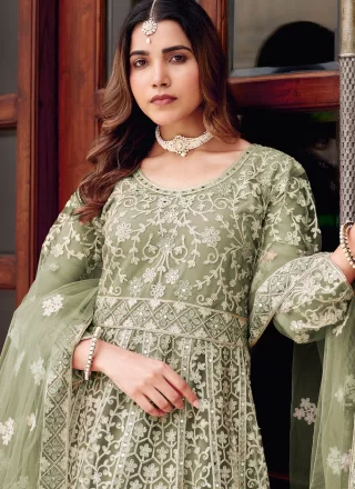 Green Net Gown with Embroidered, Mirror and Stone Work for Ceremonial