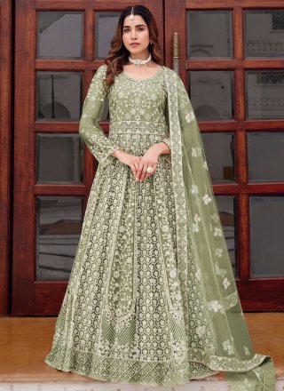 Green Net Gown with Embroidered, Mirror and Stone Work for Ceremonial