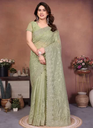 Green Net Traditional Saree with Cord and Embroidered Work