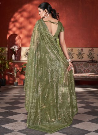 Green Net Traditional Saree with Embroidered, Sequins and Thread Work for Ceremonial
