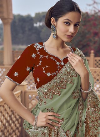 Green Organza Classic Saree with Cord, Cut, Embroidered, Hand and Zari Work