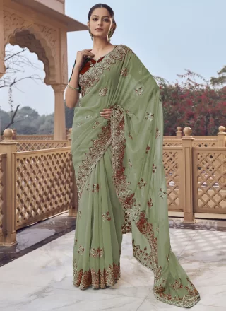 Green Organza Classic Saree with Cord, Cut, Embroidered, Hand and Zari Work
