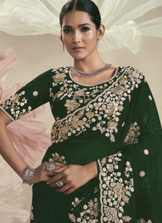 Green Organza Contemporary Sari with Cord, Cut, Embroidered, Sequins and Zari Work for Ceremonial
