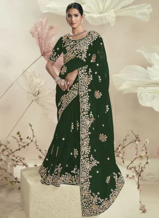 Green Organza Contemporary Sari with Cord, Cut, Embroidered, Sequins and Zari Work for Ceremonial
