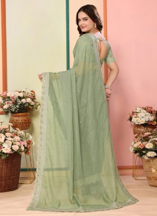 Green Organza Contemporary Sari with Embroidered Work