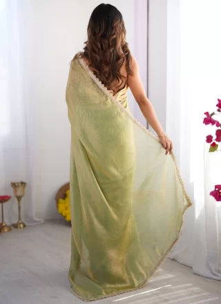 Green Organza Designer Saree with Patch Border and Zari Work for Casual