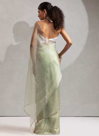 Green Organza Designer Sari with Zircon Work