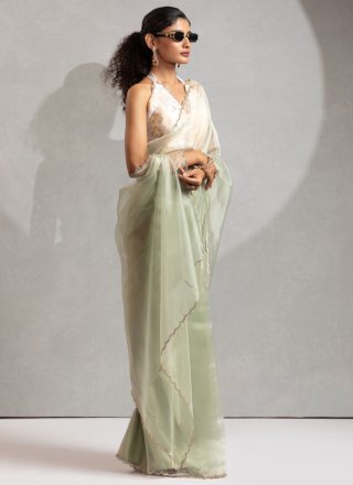 Green Organza Designer Sari with Zircon Work