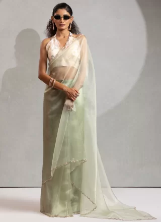 Green Organza Designer Sari with Zircon Work