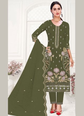 Green Organza Embroidered and Zari Work Pakistani Salwar Suit for Ceremonial