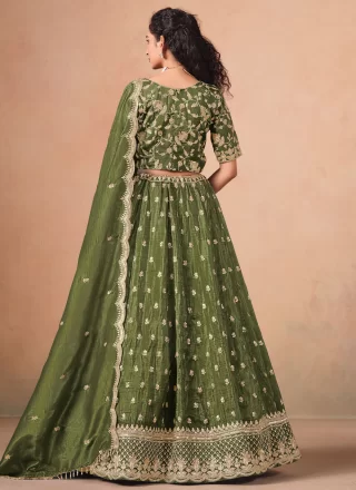 Green Organza Embroidered, Sequins and Zari Work Lehenga Choli