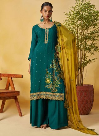 Green Organza Embroidered Work Salwar Suit for Women