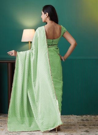 Green Organza Foil Print Work Contemporary Saree for Casual
