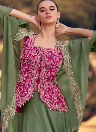 Green Organza Readymade Salwar Suit with Embroidered, Stone and Zari Work