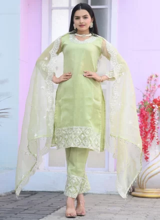 Green Organza Salwar Suit with Embroidered and Sequins Work for Ceremonial