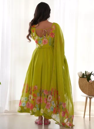 Green Organza Salwar Suit with Floral Patch and Zari Work for Ceremonial