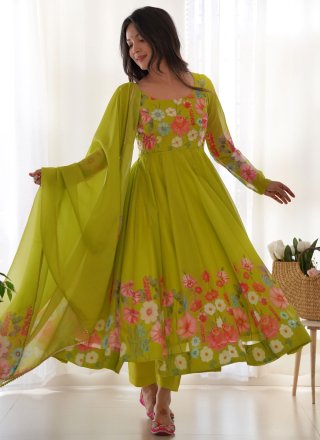 Green Organza Salwar Suit with Floral Patch and Zari Work for Ceremonial