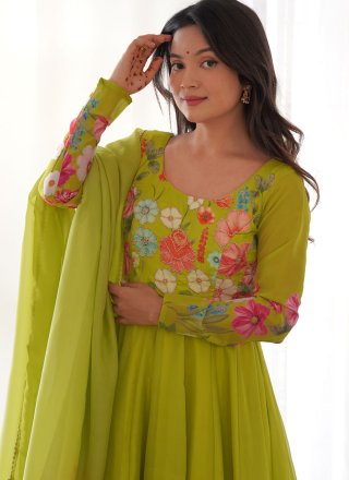 Green Organza Salwar Suit with Floral Patch and Zari Work for Ceremonial