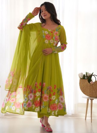 Green Organza Salwar Suit with Floral Patch and Zari Work for Ceremonial