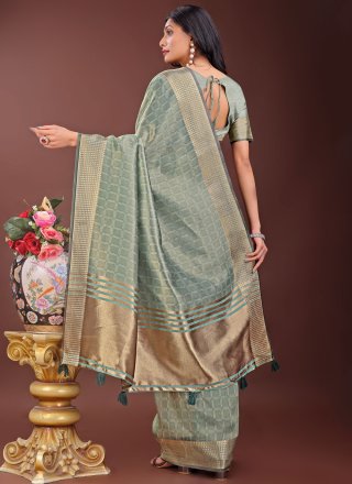 Green Organza Traditional Saree with Checks and Jacquard Work