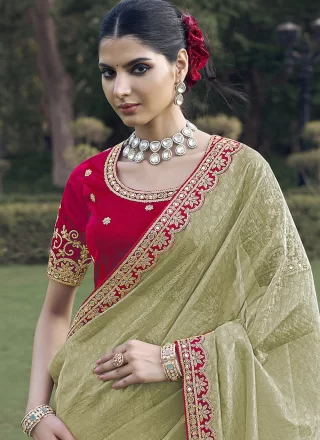Green Organza Traditional Saree with Patch Border, Cord, Mirror and Zari Work