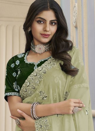 Green Organza Trendy Saree with Beads, Cord, Cut and Thread Work