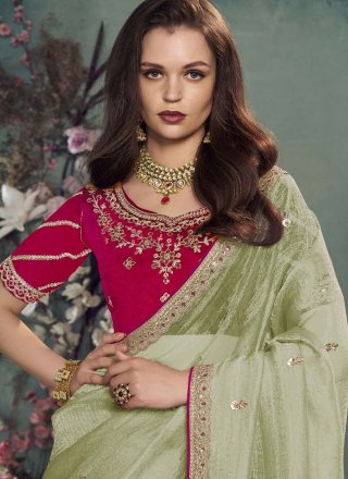 Green Organza Trendy Saree with Booti, Cord, Embroidered, Sequins and Zari Work for Women