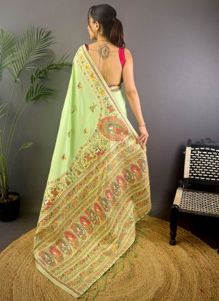 Green Pashmina Weaving Work Designer Saree for Mehndi