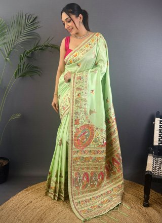 Green Pashmina Weaving Work Designer Saree for Mehndi