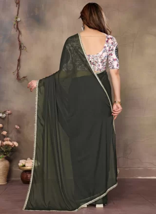 Green Patch Border, Lace and Mirror Work Georgette Designer Sari
