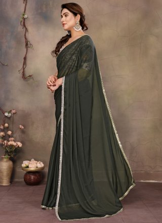 Green Patch Border, Lace and Mirror Work Georgette Designer Sari
