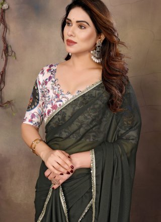 Green Patch Border, Lace and Mirror Work Georgette Designer Sari