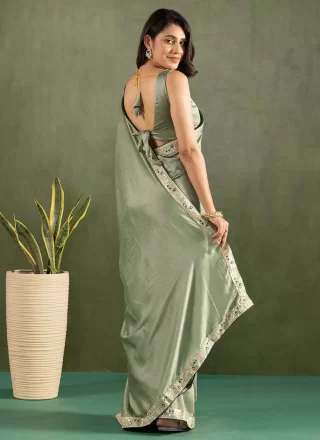 Green Patch Border Work Chiffon Contemporary Saree