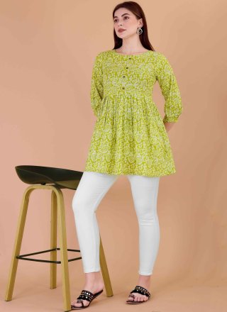 Green Print Work Cotton Casual Kurti