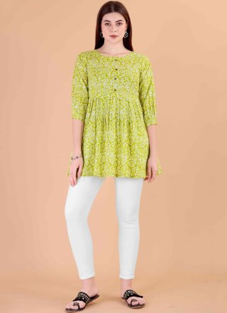 Green Print Work Cotton Casual Kurti