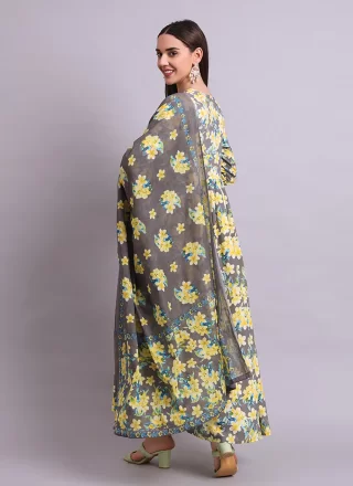 Green Print Work Cotton Floor Length Kurti