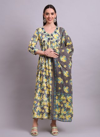 Green Print Work Cotton Floor Length Kurti