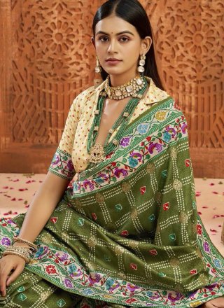 Green Print Work Silk Traditional Saree