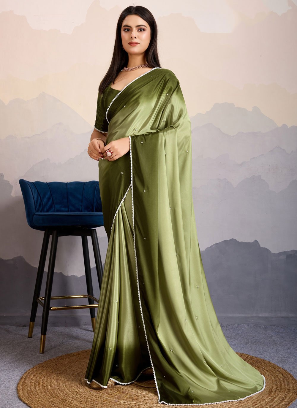 Green Pure Crepe Contemporary Saree with Moti Work for Casual Green Pure Crepe Contemporary Saree with Moti Work for Casual