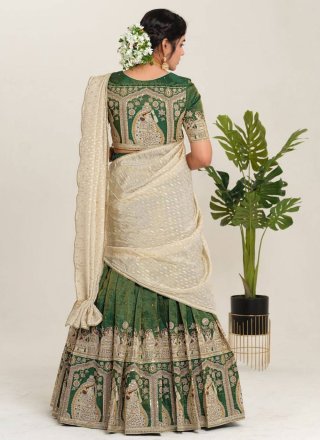 Green Pure Crepe Digital Print and Fancy Work Readymade Lehenga Choli for Ceremonial