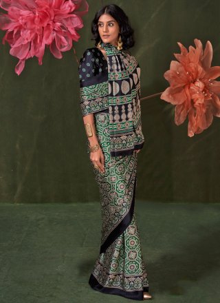 Green Pure Crepe Print Work Designer Sari for Casual