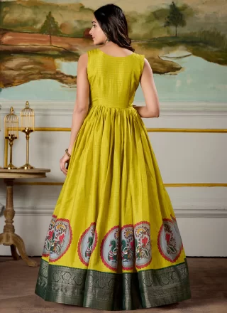 Green Pure Dola Fancy, Print, Weaving and Zari Work  Designer Gown