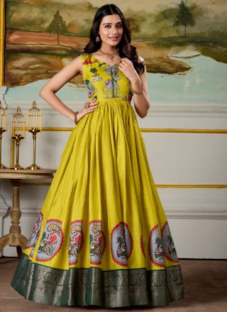 Green Pure Dola Fancy, Print, Weaving and Zari Work  Designer Gown